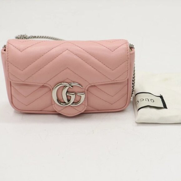 GUCCI GG Marmont Super Mini Shoulder Bag 476433 Matelasse Leather Pink - Picture 1 of 15